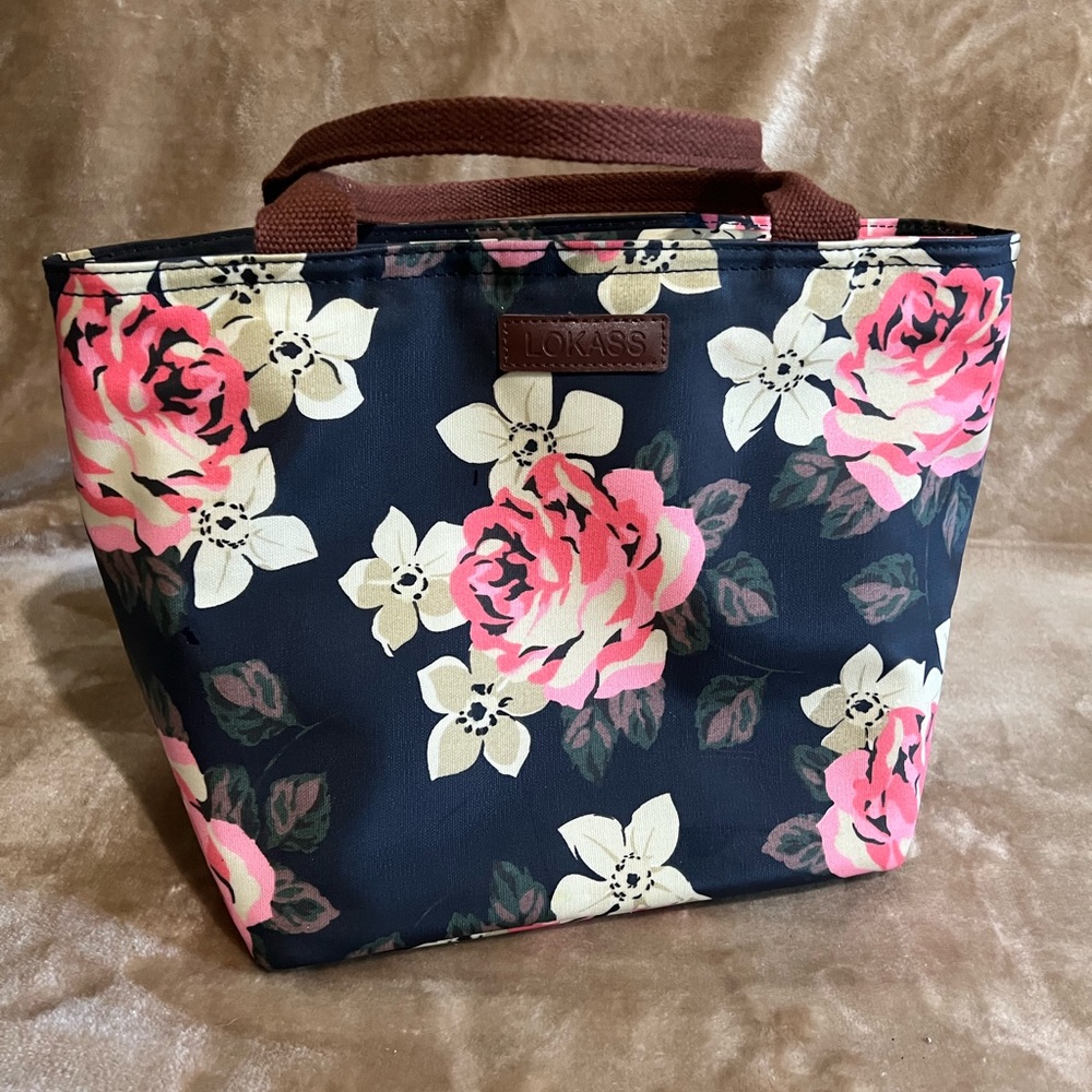 Floral Tote Bag in Navy with Pink Roses